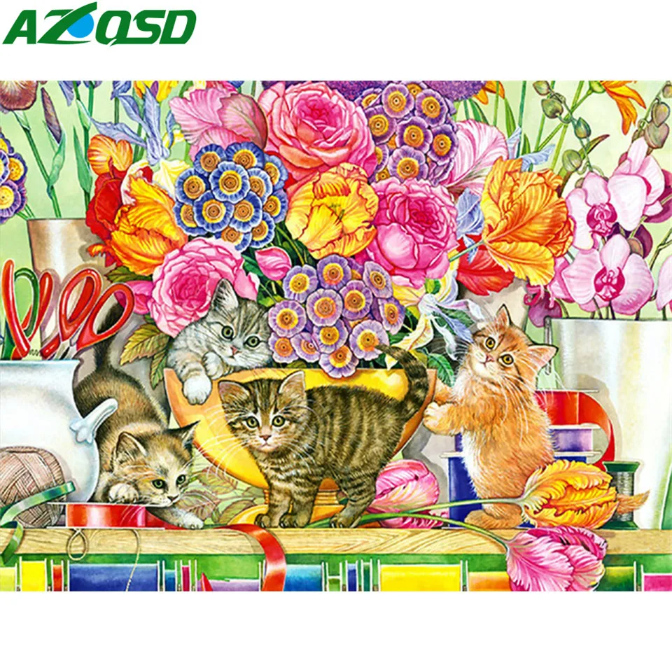 

AZQSD Full Square Diamond Painting Cat Animal Cross Stitch Picture Of Rhinestones Gift Needlework Handmade Decor For Home