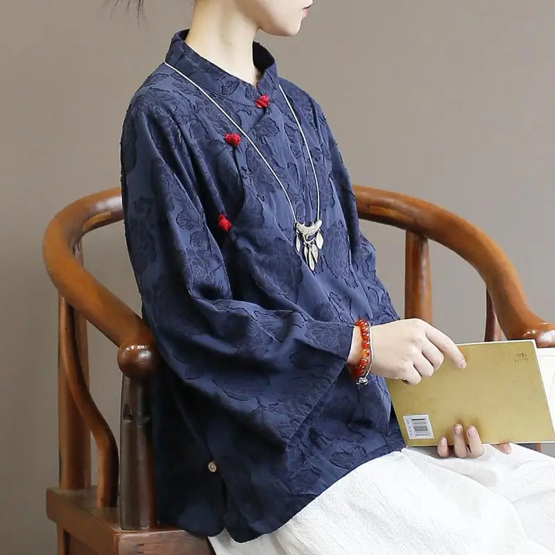 QPFJQD Ретро Китайский стиль для женщин Pankou топы со стоячим воротником Цветочный Жаккард весна осень одежда дамы хлопок лен блузки рубашки