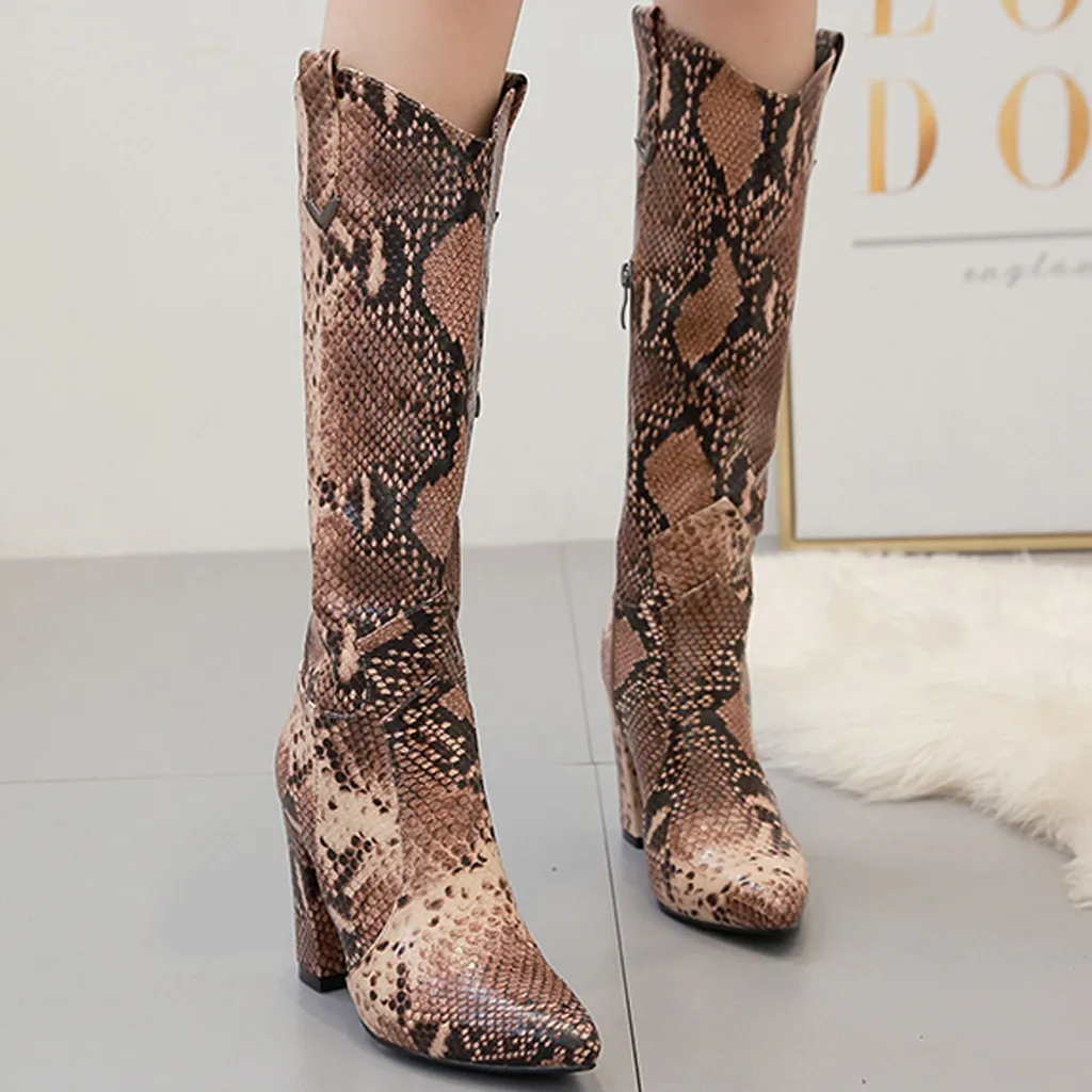 

snake print Women's knee high boots soft leather Versatile Keep Warm boots women winter 2019 Pointed Toe Square heel boots