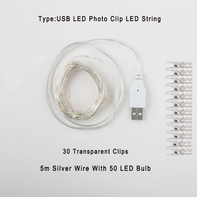 USB 5M 50LED 2 м/5 м/10 м гирлянда с зажимом для фото светодиодная Usb наружная гирлянда на батарейках с прищепками для украшения дома гирлянды - Цвет: USB 5M 50LED