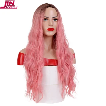 

JINKAILI Long Womens Wigs Ombre Pink Black Wigs Heat Resistant Part Side Synthetic Wavy Wigs for African American Women