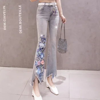 

Heavy Industry Embroidery Weila Jeans 2020 Season Gao Waist Slimming Nail Beads Sequins Flowers Burr Nine Points Pants Female