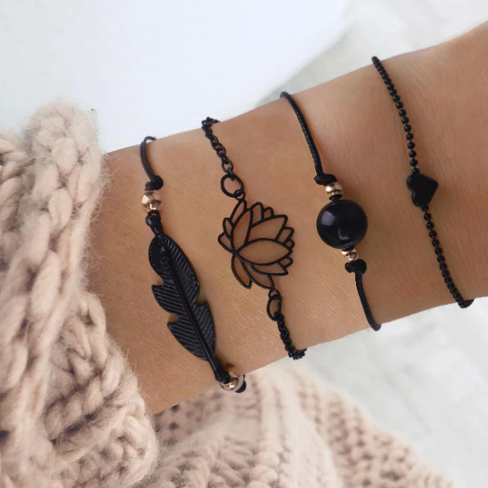 SUMENG 2021 New Fashion 4PCs Gothic Black Feather Lotus Bracelets Set Heart Charm Boho Bangles For Women Wrist Chain Bracelets