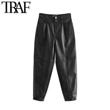 

TRAF Women Vintage Stylish Faux Leather Pockets Harem Pants Fashion High Waist Zipper Fly PU Ankle Trousers Pantalones Mujer