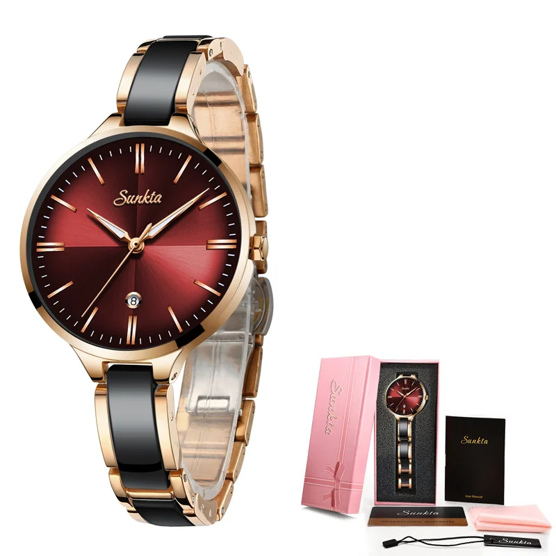 Новые модные женские часы Reloj Mujer SUNKTA, женские часы с розово-красным браслетом, креативные водонепроницаемые кварцевые часы для женщин+ коробка - Цвет: Black rose red