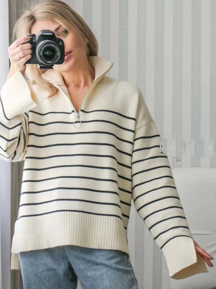 Long Sleeve Zip Striped knit sweater top women world apparel store robe femme women's sweater cardigan for women