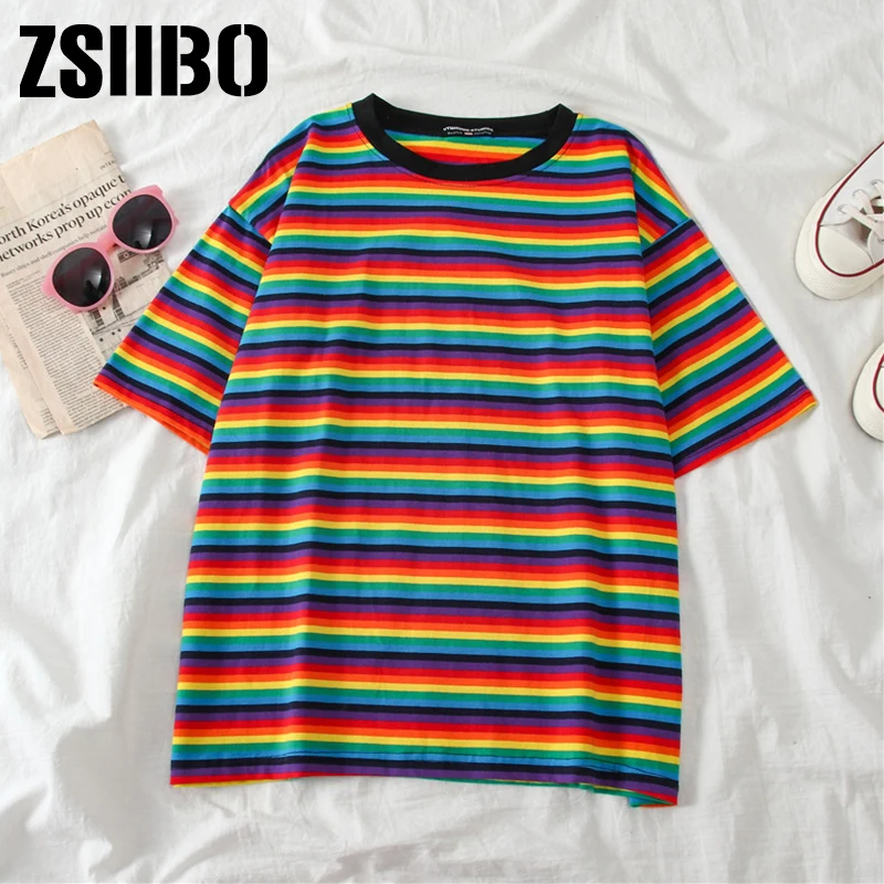 Minimalist Short Sleeve Women clothes Vogue Tops tee shirt couple clothes tshirt top Sweet Rainbow Stripe Women Summer T-Shirt