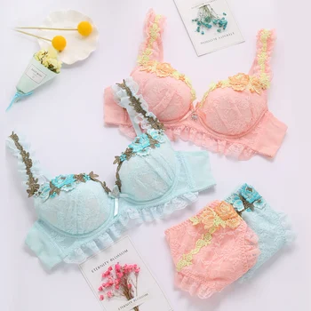 

New Japanese sweet lace shoulder strap Loli wind bra embroidery bow girl ladies goddess bra set 360