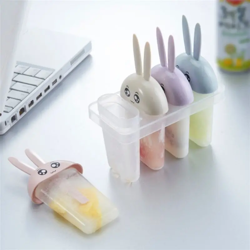 

4 Grid Rabbit Popsicle DIY Ice Cream Molds Cool Freezing Tray Frozen Popsicle Maker with Sticks and Drip-guards Available Reusab