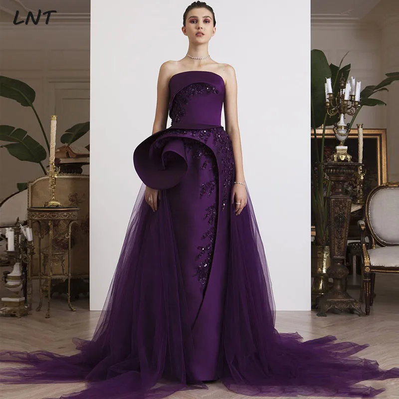 

Strapless Purple Satin Evening Gowns with Ruched Skirt Sleeveless Formal Occasion Pageant Dresses Custom