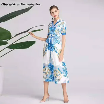 

Obsessed with lavender.Fashion new beaded blue dress, V-neck buttons loose female summer ladies Elastic waist