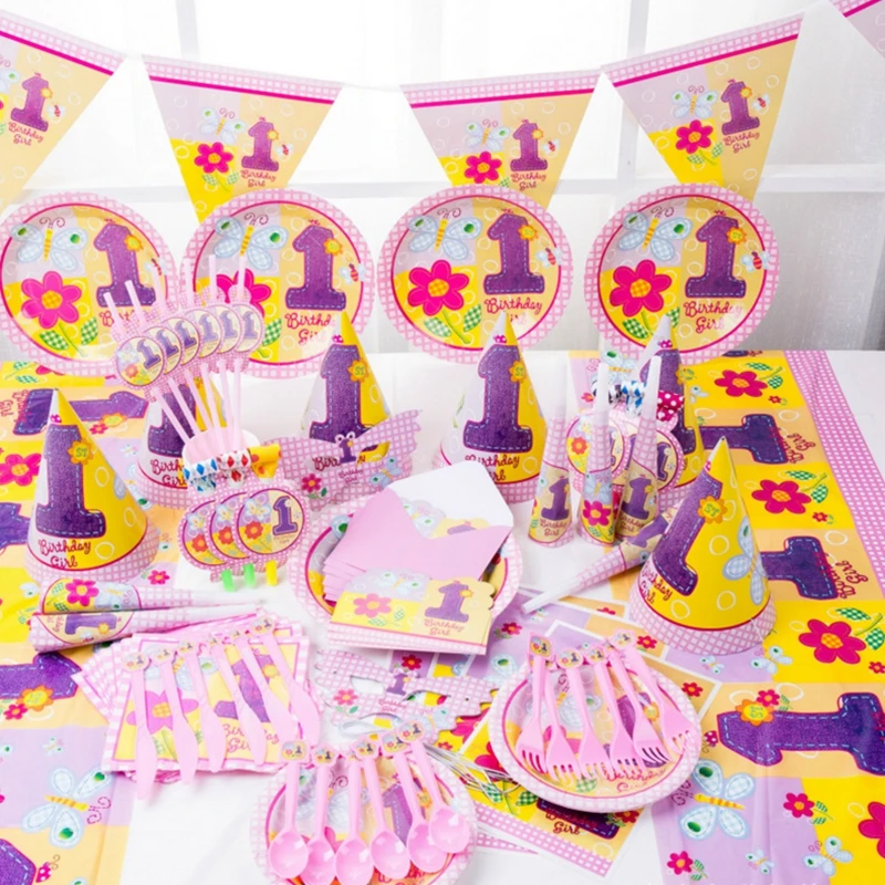 

1 Birthday Party Supplies One Year Old Flower Party Girls' Birthday Hat Paper Cup Plate Tableware Layout