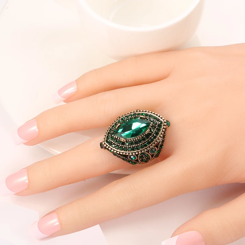 Antique Ring crystal rings bohemian rings stone rings fashion rings gold rings wedding rings fashion ring finger rings metal rings For Women Vintage Look AAA Green Crystal Boho Jewelry Gold Color Charm Ethnic
