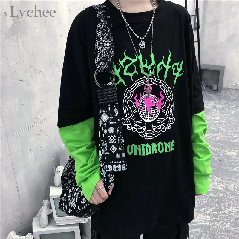 Личи Harajuku пламени с буквенным принтом в стиле пэчворк Женская футболка осень