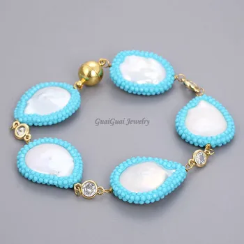 

GG Jewelry 8" White Coin Pearl Blue Crystal Pave Cz Bracelet