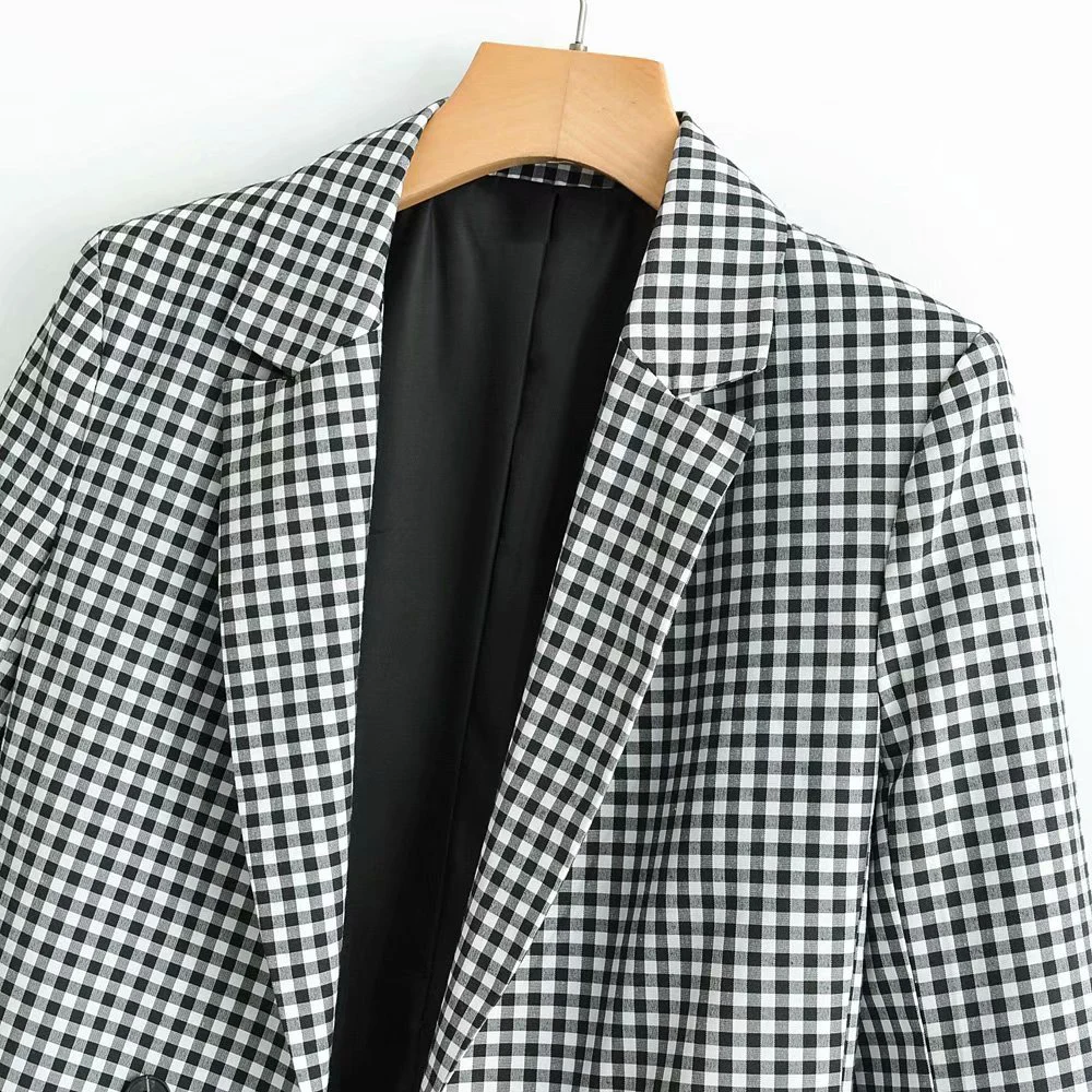 Мода ZA Винтаж двубортный клетчатый женский блейзер с карманами куртки женские ретро-костюмы Пальто Feminino шикарные Пиджаки Верхняя одежда
