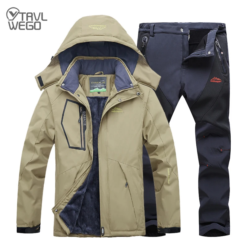 

TRVLWEGO Winter Ski Suit Men Windproof Waterproof Snowboard Jacket and Pants Outdoor Super Warm 2 in 1 Thermal Fleece Snow Coat