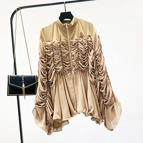 khaki Neploe/Женская блузка, модная шифоновая рубашка с длинным рукавом, Асимметричный топ, Женская плиссированная офисная рубашка, Осенние блузки средней длины на молнии 55116 - Цвет: khaki