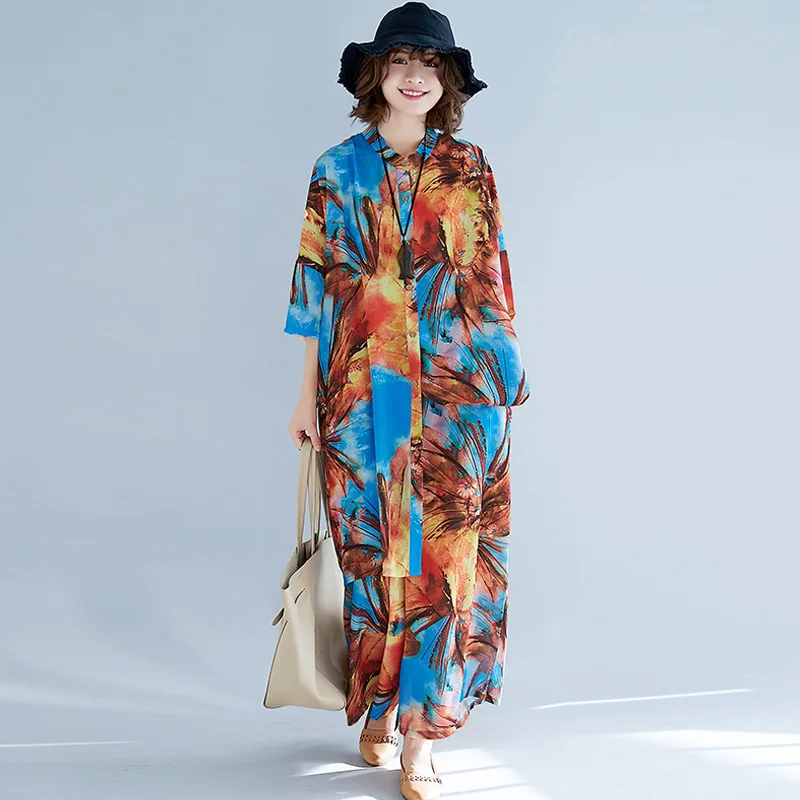 

2019 Summer New Style Large Size Printed Loose-Fit Comfortable-Plus-sized Short Sleeve with Cardigan Loose Pants Leisure Suit
