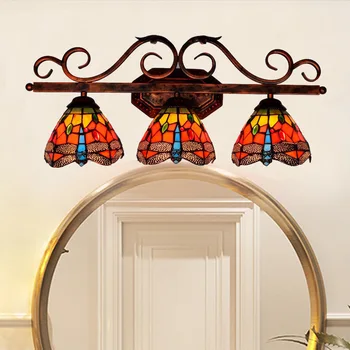 

European Retro Red Dragonfly Tiffany colored glass bathroom mirror headlight American corridor bar three head wall lamp