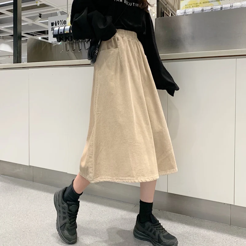 beige Mori Girl Осень Зима Высокая талия одноцветное Вельветовая юбка женская одежда Femme Элегантный Винтаж свободные карманы юбки K149 - Цвет: beige