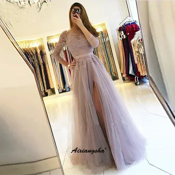 

V-Neck Evening Dresses Backless Robe De Soiree Illusion Vestido De Fiesta Appliques High Split Custom Made Formal Occasion Dress