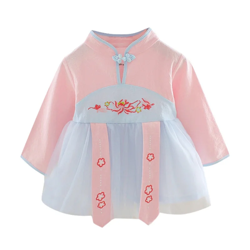 Платье для маленьких девочек осеннее повседневное милое газовое платье с вышивкой в китайском стиле в стиле ретро