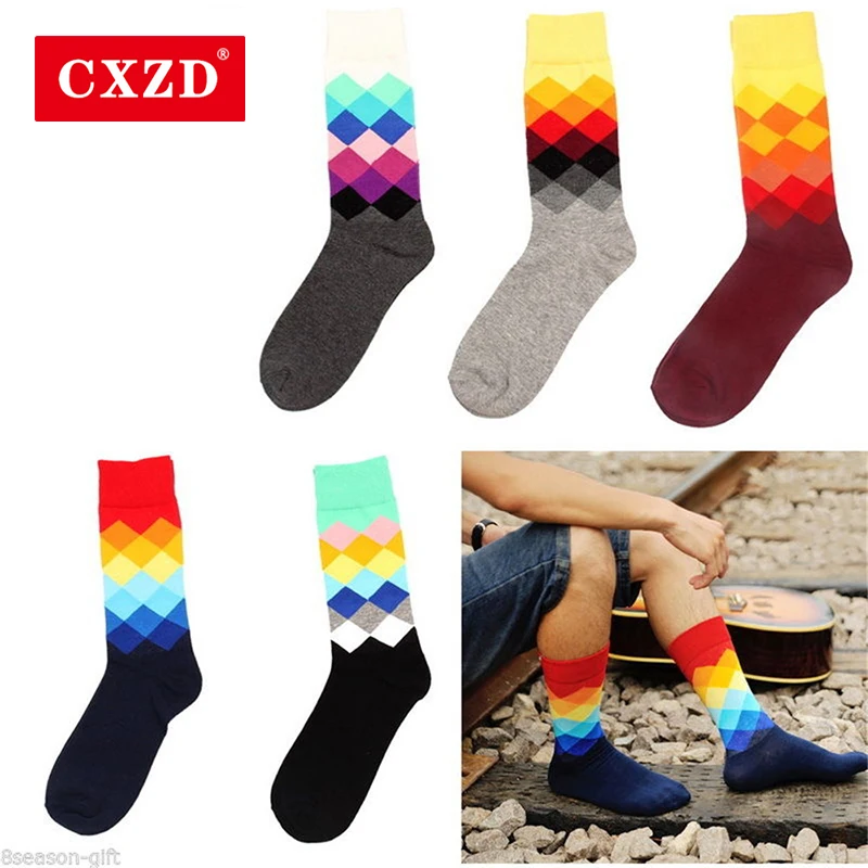 

CXZD Casual Mens Cotton Colorful Geometry Socks Harajuku Gradient Color Business Dress Socks Diamond Plaid Long Socks