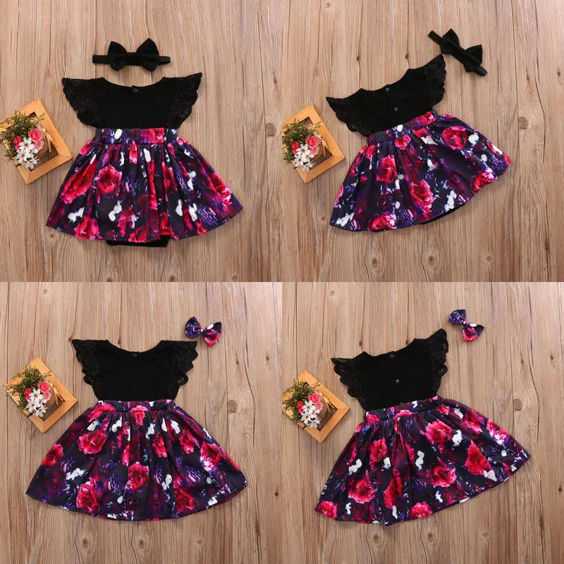 Toddelr/Детское платье для девочек; комбинезон с цветочным рисунком для маленьких девочек; Платье-комбинезон; повязка на голову; комплект одежды; повседневная одежда из хлопка