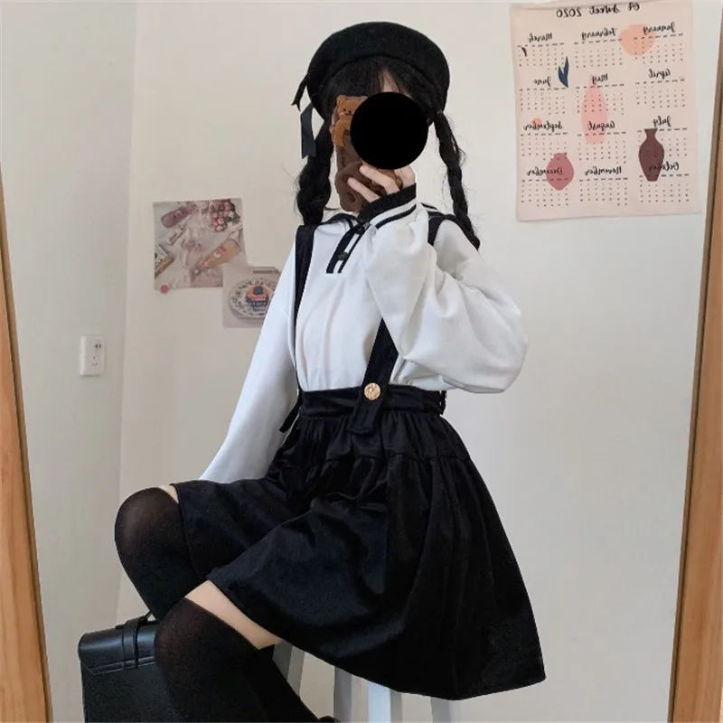 Gothic Black Velvet Skater Pleated Skirt Women Harajuku Kawaii Vintage Japan Sweet Female Cosplay A Line Mini Suspender Skirts