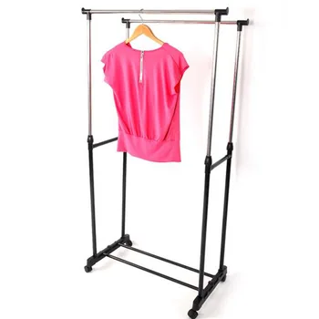 

Dual-bar Vertical & Horizontal Stretching Stand Clothes Rack with Shoe Shelf Room-saving Clothes Rack Black & Silver