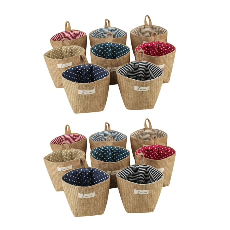 2 Pcs Cotton Linen Art Flower Pot Small Sack Hanging Jute Cotton Dot Storage Basket Storage Bag, Yellow Point& Red Point