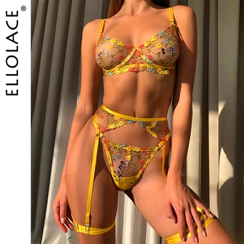 Ellolace Lingerie Sensual Lace Underwear Transparent Embroidery 3-Piece Garters Fancy Beautiful Short Skin Care Kits Intimate 1
