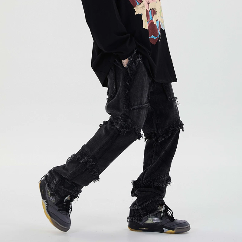 Casual Trousers Edge-Jeans High-Street Baggy Denim Washed Harajuku Retro Straight Men