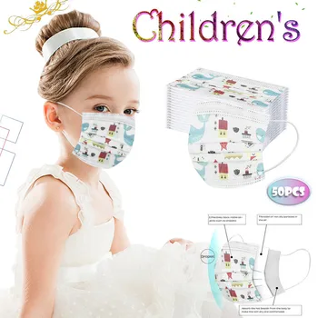 

Kids Children's Mask 50pc Disposable Cartoon Printing Elastic Mouth Face Facemasks 3 Layers Ply Filter Earloops Mask Mondmasker