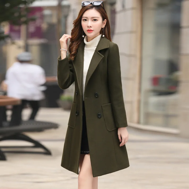 Модное однотонное длинное пальто для женщин, офисное женское тонкое шерстяное пальто и куртка, двубортная женская одежда - Цвет: Армейский зеленый