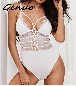 

Genuo New Sexy White Sheer Floral Lace Up Bodysuits Woman Summer 2019 Black Strappy Ladies Sleeveless Body Tops Clothes Bodysuit