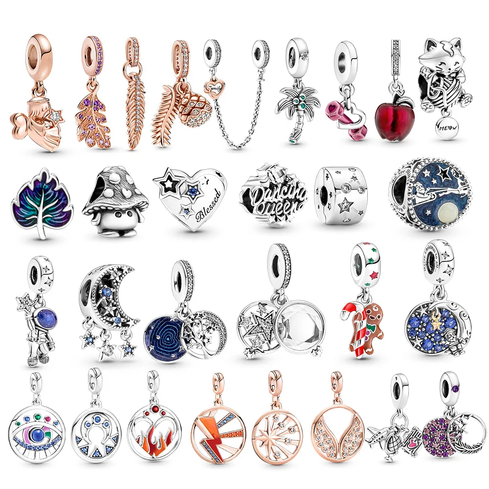 autumn 925 silver charm Shiny Zircon Palm leaf Dangle cat bead Fit Original Pandora Bracelet and necklace for women gift | Украшения и