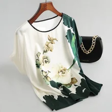 Satin Blouses Pullover Tops Short-Sleeve Silk Floral-Print Vintage Plus-Size Casual Fashion