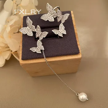 

FXLRY Fashion New Arrival Asymmetric Butterfly Long Women's Earring White Color Zirconia Simple Earring Pearl Pendant Jewelry