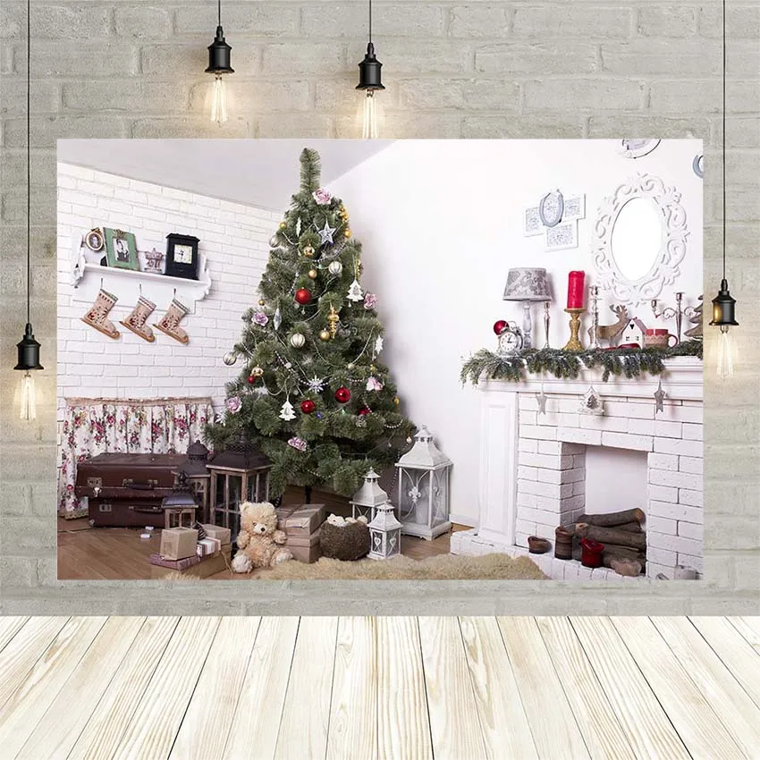 Avezano Photography Background Winter Happy Christmas Tree Stocking Gift Mistletoe Wreath Fireplace Photo Studio Decor | Электроника
