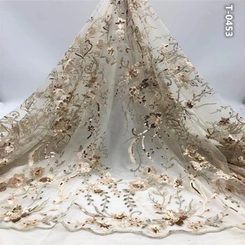 

High Quality 2020 Gold Tulle sequins Beaded French Nigerian Lace Fabrics Pearls Embroidered Guipure African 3d Lace Fabric