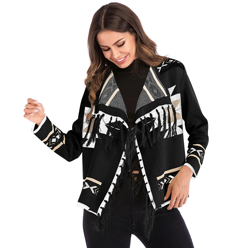 2019 Fashion Sweater Women Long Sleeve Geometric Pattern Tassel Loose Cardigan Autumn Winter Ladies Shawl |