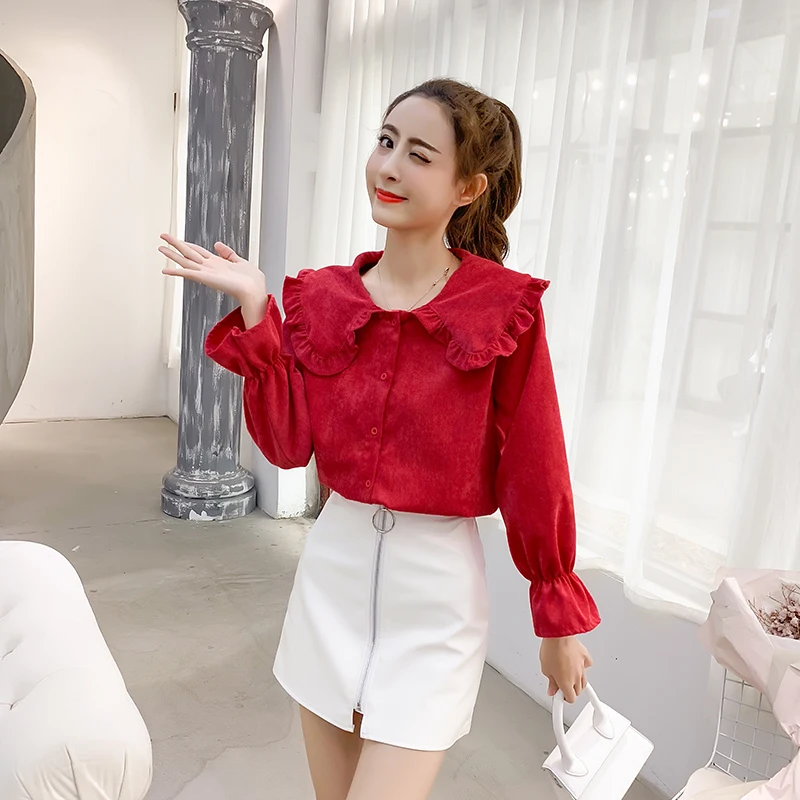 

COIGARSAM Casual Full Sleeve Shirt Womens tops Spring Cute Chiffon Solid Loose Peter pan Collar Women shirts Red Yellow 1901