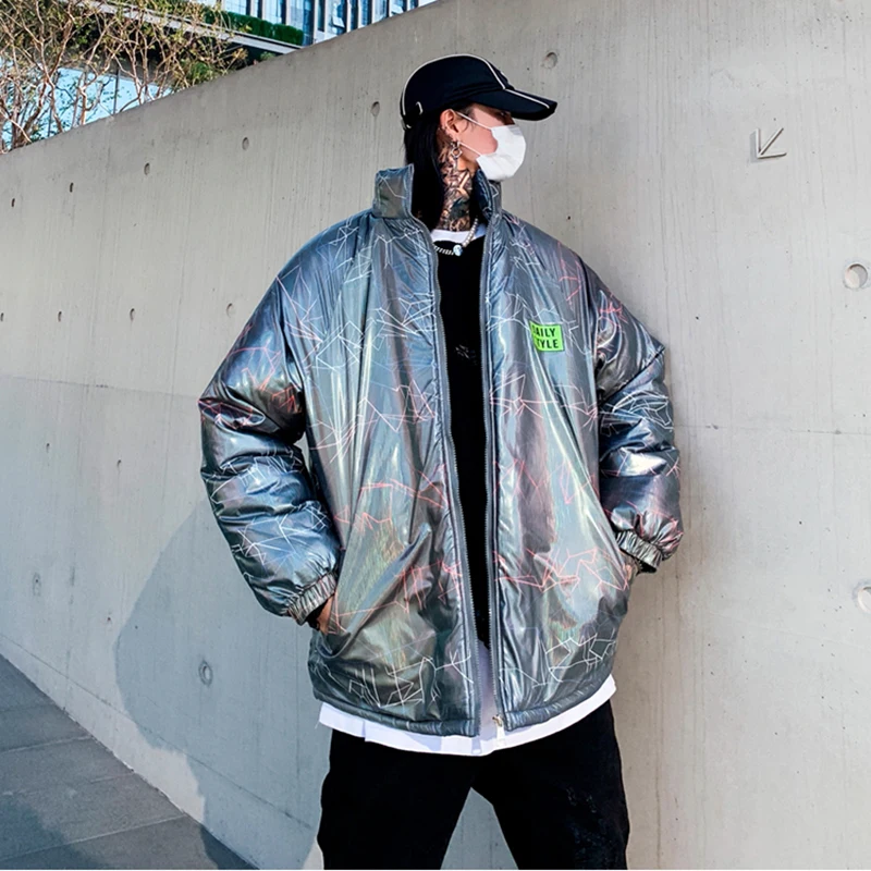 

New Shiny Thick Cotton Padded Jacket Men and Women Loose Stand Streetwear Oversize Wadded Jacket Outwear Casual Winter Coat