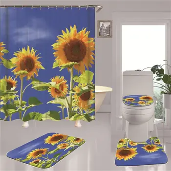 

4 Piece Shower Curtain Sets with Non-Slip Rug, Toilet Lid Cover, Bath Mat and 12 Hooks, Flower Shower Curtain Durable Waterproof