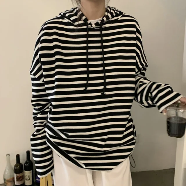 Striped Women Hoodies Sweatshirt Autumn Female Hooded Tops Casual Long Sleeve Ladies Pullovers Harajuku Basic Woman Hoodies black