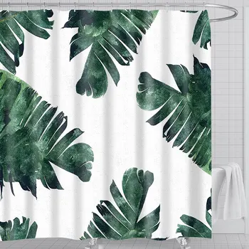 

Tropical Plants Shower Curtain Waterproof Polyester Curtain Leaves Printing Curtains With 12 Hooks For Bathroom Shower
