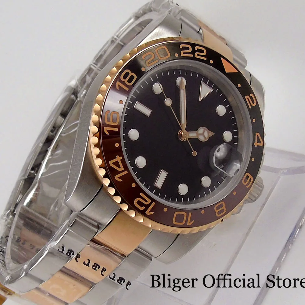 BLIGER Nologo Black Mechanical Men Watch 21 Jewels MIYOTA 8215 24 Jewels NH35 Two Tone Rose Gold Oyster Strap Ceramic Insert