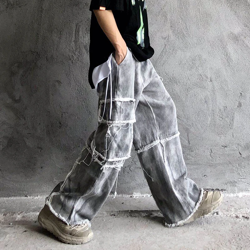 Denim Trousers Jean-Pants Men Washed-Pockets Harajuku Loose Straight High-Street Plus-Size